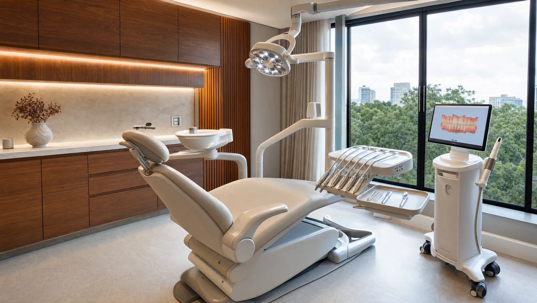 Consultório com cadeira odontológica, iluminação clínica e scanner digital